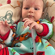 Barrett is registered to the contest to win money with this photo: baby, infant, fleece, blanket, colorful_clothing, hands, face, eyes, cozy, patterned_blanket, child, portrait, cute, warm, indoor, soft_texture, young_child, reaching, comfortable, sleepwear