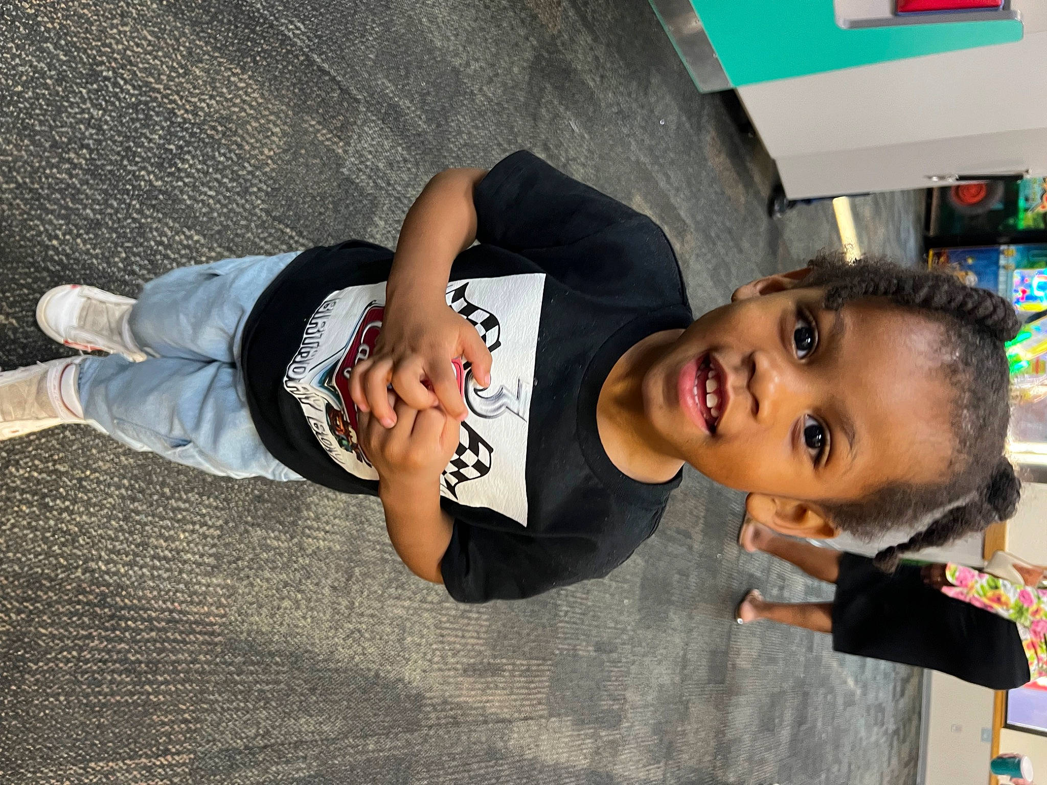 Cayden joined the competition — help win amazing prizes! child, elbow, flooring, fun, happy, hat, human_leg, knee, leisure, person, play, recreation, room, smile, t_shirt, toddler, walking_shoe