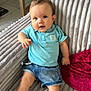 Lévy participe au concours pour gagner de l'argent avec cette photo : baby, child, polo_shirt, denim_shorts, blue_eyes, couch, blanket, plush, indoor, floor, wooden_furniture, curious, smiling, sitting, footwear_bare, person, home_interior, casual_clothing, infant, cute