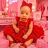 Zoe joined the competition — help win amazing prizes! baby, child, portrait, sitting, red_dress, hair_bow, smiling, barbie_theme, pink_background, fashion, handbag, toy, teddy_bear, roses, sparkles, studio_photo, indoors, shoes, jewelry, happy