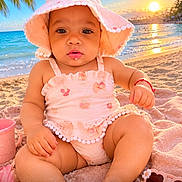 Zoe joined the competition — help win amazing prizes! baby, child, infant, beach, ocean, sunset, palm_tree, sand, sunhat, pink_outfit, romper, sunglasses, blanket, seated, portrait, close_up, outdoor, tropical, sunlight, smiling
