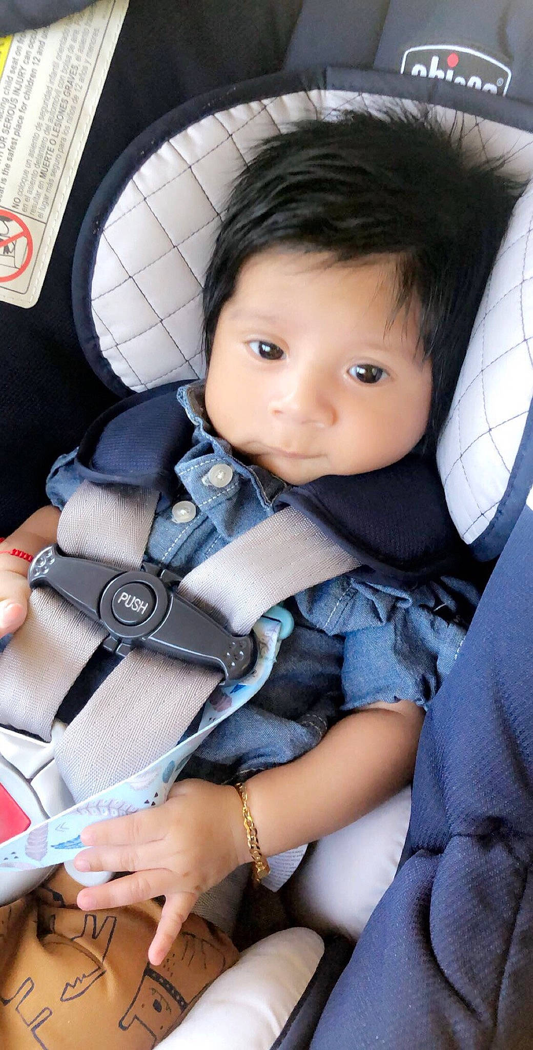 Jaime is registered to the contest to win money with this photo: auto_part, baby, baby_carriage, baby_in_car_seat, baby_products, car_seat, cheek, child, person, product, seat_belt, toddler