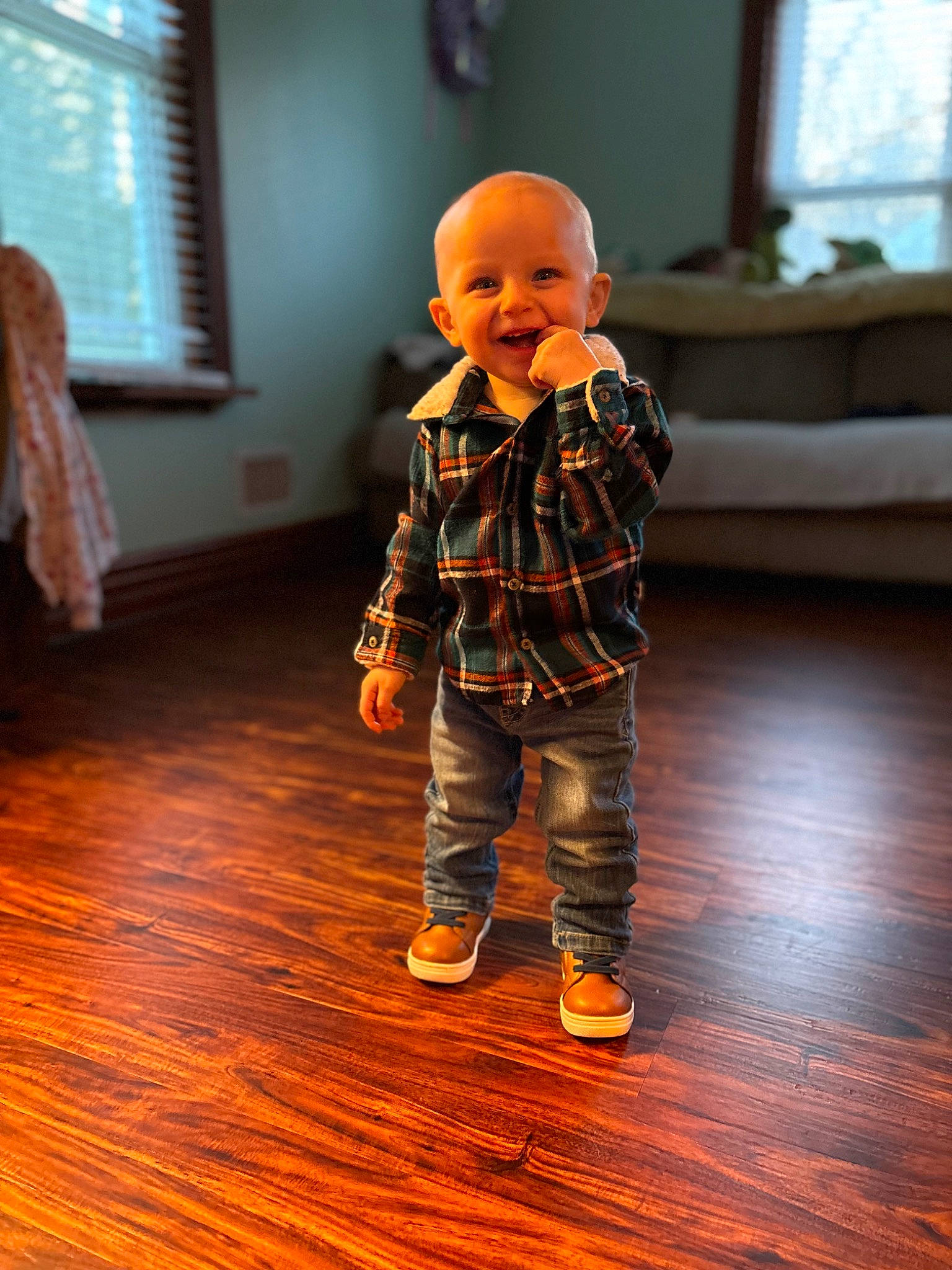 Remington joined the competition — help win amazing prizes! child, fashion_design, floor, flooring, fun, happy, hardwood, joy, laminate_flooring, orange, pattern, person, plaid, shoe, standing, tartan, toddler, varnish, window, wood