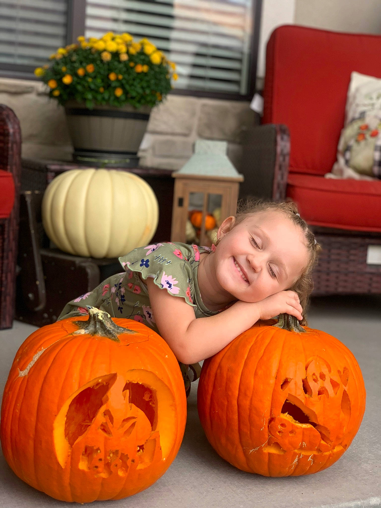 Everleigh is registered to the contest to win money with this photo: calabaza, couch, creative_arts, cucurbita, eye, facial_expression, flower, gourd, head, human_body, joy, orange, person, plant, pumpkin, smile, squash, vegetable, window, window_blind