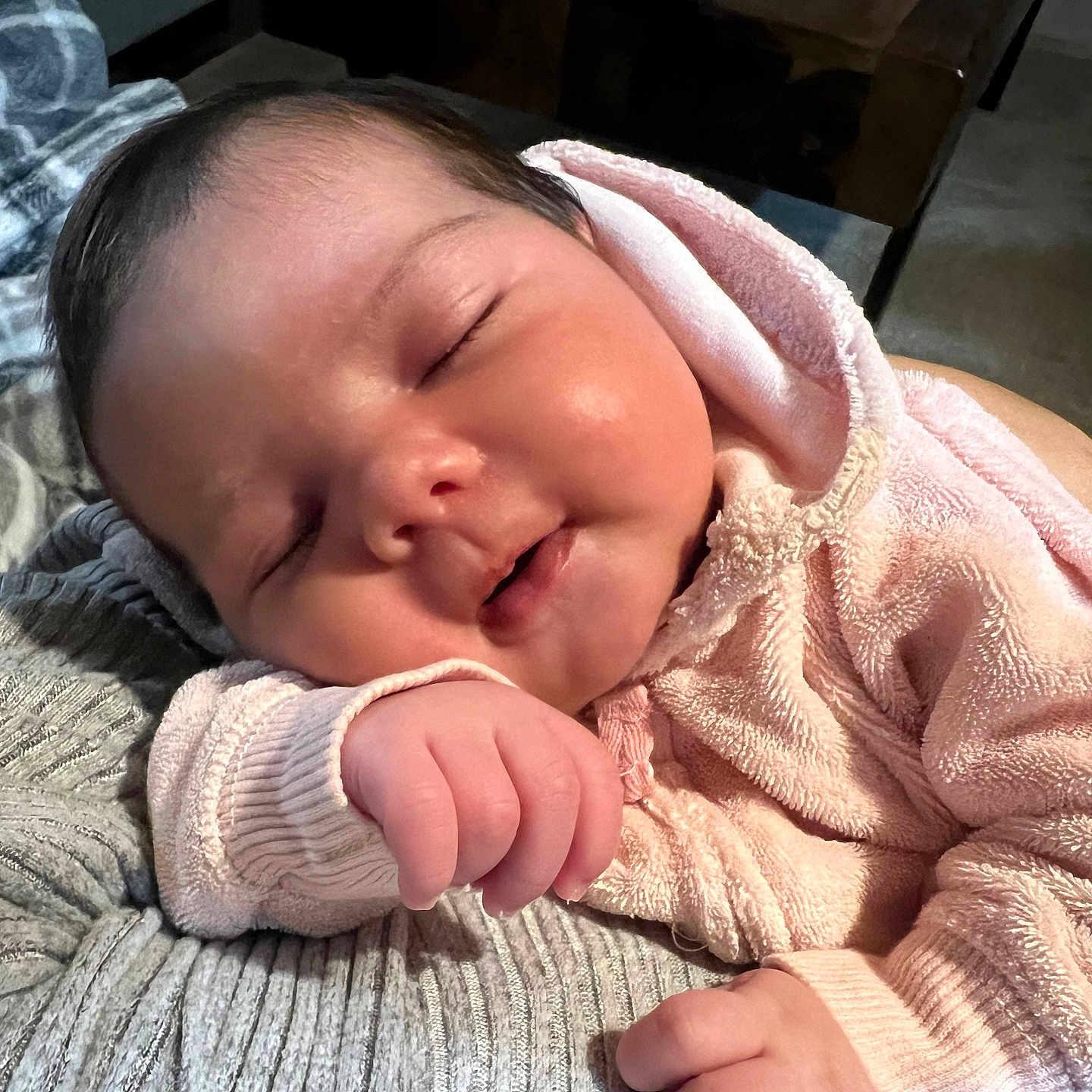 Ayla Alsadh joined the competition — help win amazing prizes! baby, blanket, child, closeup, cozy, cute, face, gray_blanket, hand, indoors, infant, newborn, peaceful, pink_hoodie, portrait, relaxing, resting, sleeping, soft_texture, warm_clothing