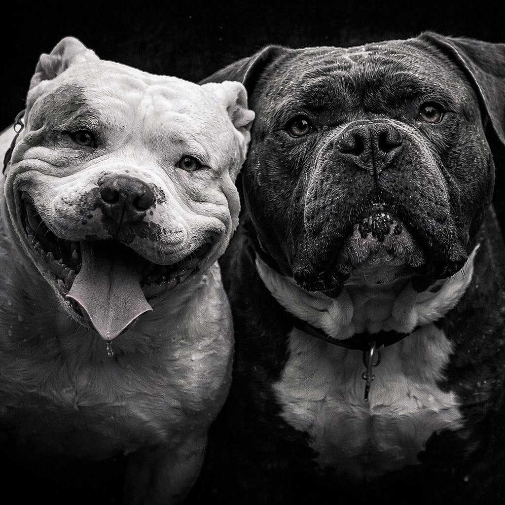 Fiston Et Silco participe au concours pour gagner de l'argent avec cette photo : animal, black_and_white, bulldog, canine, close_up, collar, companion, dark_background, dog, expression, face, friendship, muzzle, pet, portrait, studio, tongue_out, two_dogs, wet, wrinkles
