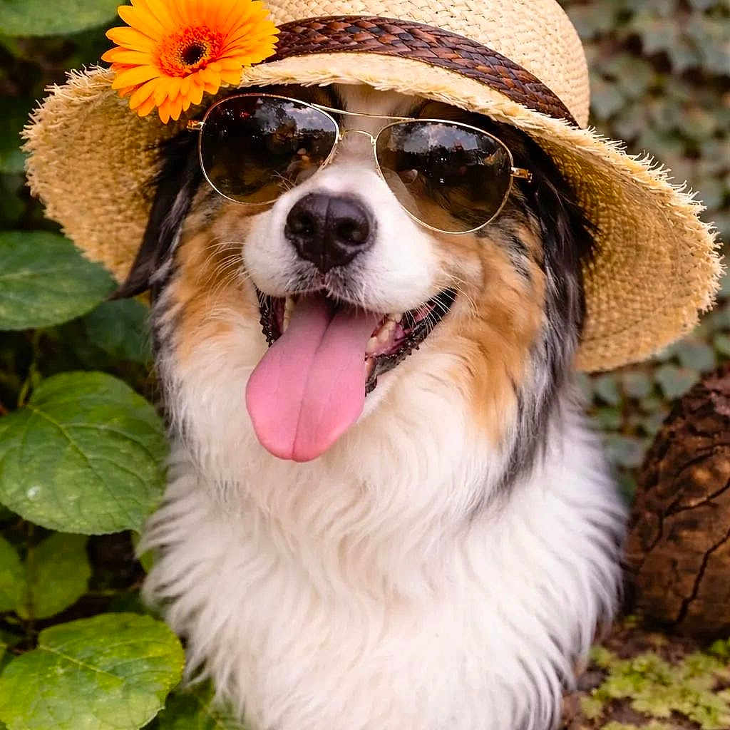 Ellie a rejoint le concours — aidez-le/la à gagner de superbes lots ! dog, australian_shepherd, hat, straw_hat, flower, orange_flower, sunglasses, tongue_out, happy, pet, outdoor, greenery, leaves, wood, nature, summer, portrait, cute, animal, canine