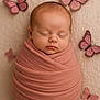 newborn, baby, sleeping, swaddle, pink, butterfly, blanket, infant, wrapped, peaceful, cute, soft, portrait, closeup, child, adorable, resting, head, skin, calm