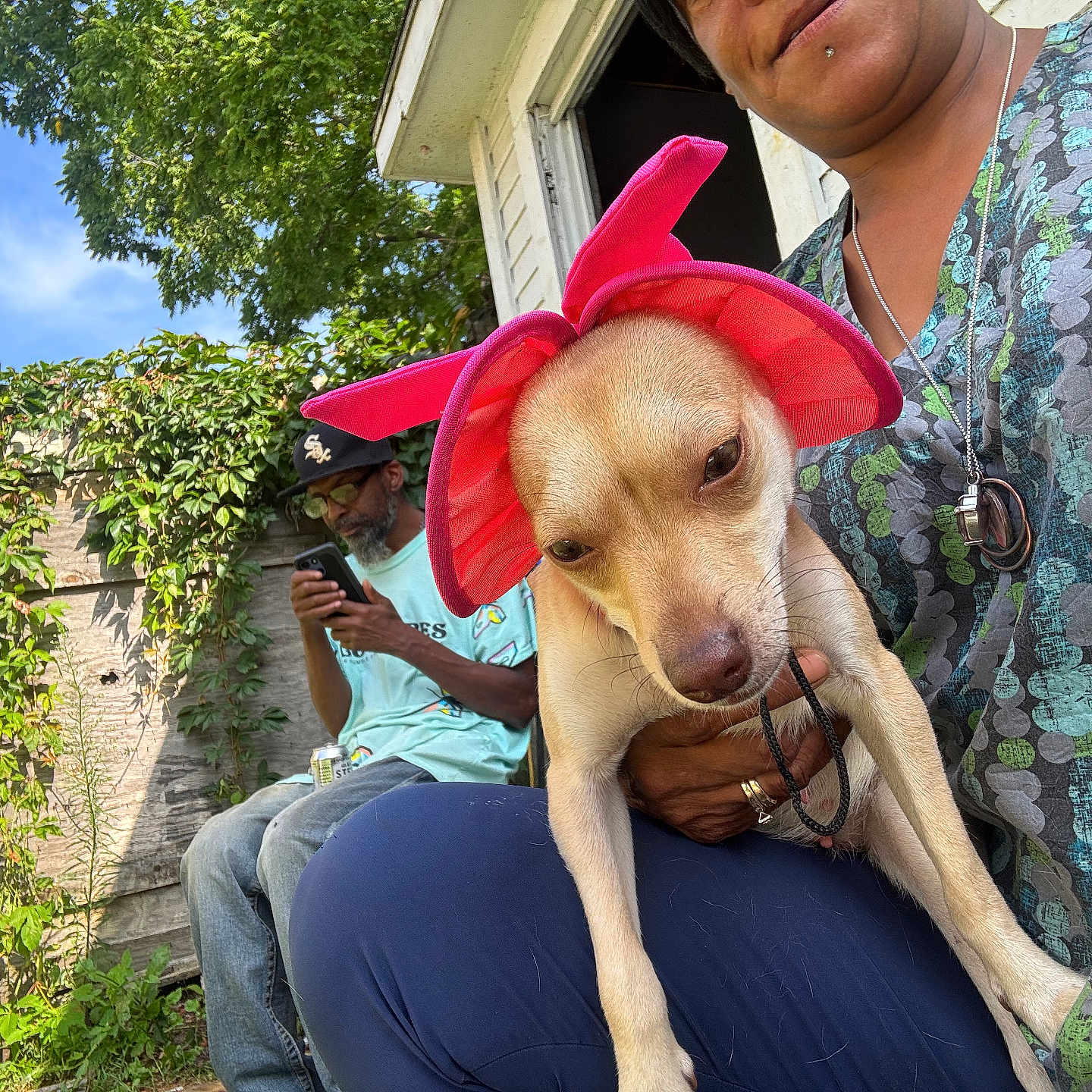 Lady is registered to the contest to win money with this photo: puppy, dog, pet, animal, pink_hat, sun_hat, being_held, person, people, outdoor, backyard, house, doorway, greenery, tree, vines, blue_sky, portrait, leash, phone
