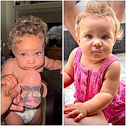 Goldie Mae joined the competition — help win amazing prizes! baby, toddler, child, curly_hair, blue_eyes, diaper, pink_sippy_cup, pink_dress, indoor, hand, furniture, person, cute, portrait, sitting, closeup, expression, skin, infant, young_child