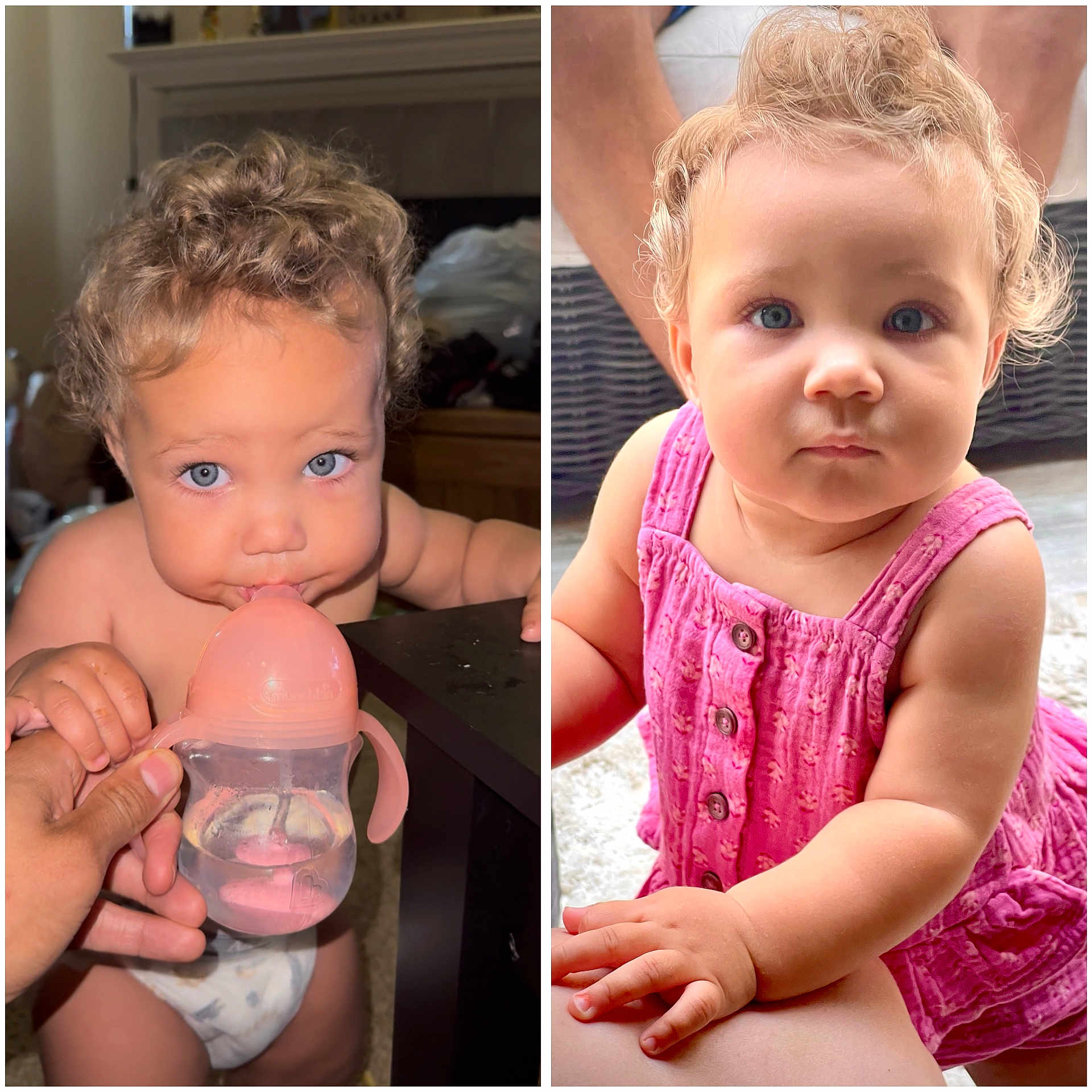 Goldie Mae joined the competition — help win amazing prizes! baby, blue_eyes, child, closeup, curly_hair, cute, diaper, expression, furniture, hand, indoor, infant, person, pink_dress, pink_sippy_cup, portrait, sitting, skin, toddler, young_child