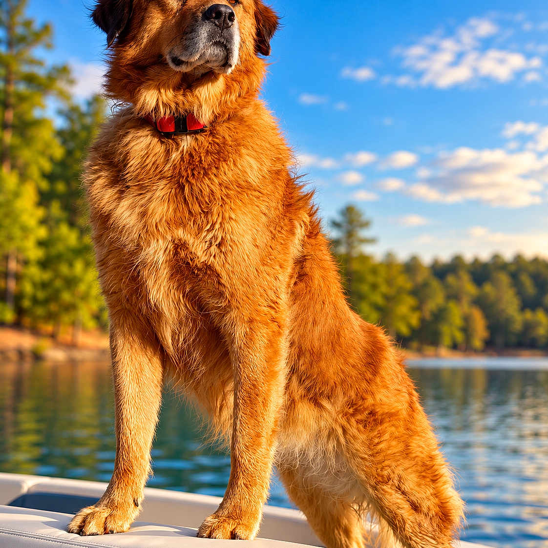 Daisy is registered to the contest to win money with this photo: dog, golden_dog, large_dog, fluffy_fur, shaggy_fur, red_collar, sitting, standing, boat, boat_seat, lake, water, outdoors, nature, trees, blue_sky, clouds, sunlight, portrait, scenic