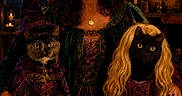 Lilith joined the competition — help win amazing prizes! woman, cat, cats, witch, costume, halloween, fantasy, magic, spellbook, candles, indoors, portrait, black_cat, gray_cat, pointy_hat, long_hair, dress, dark, decor, smiling