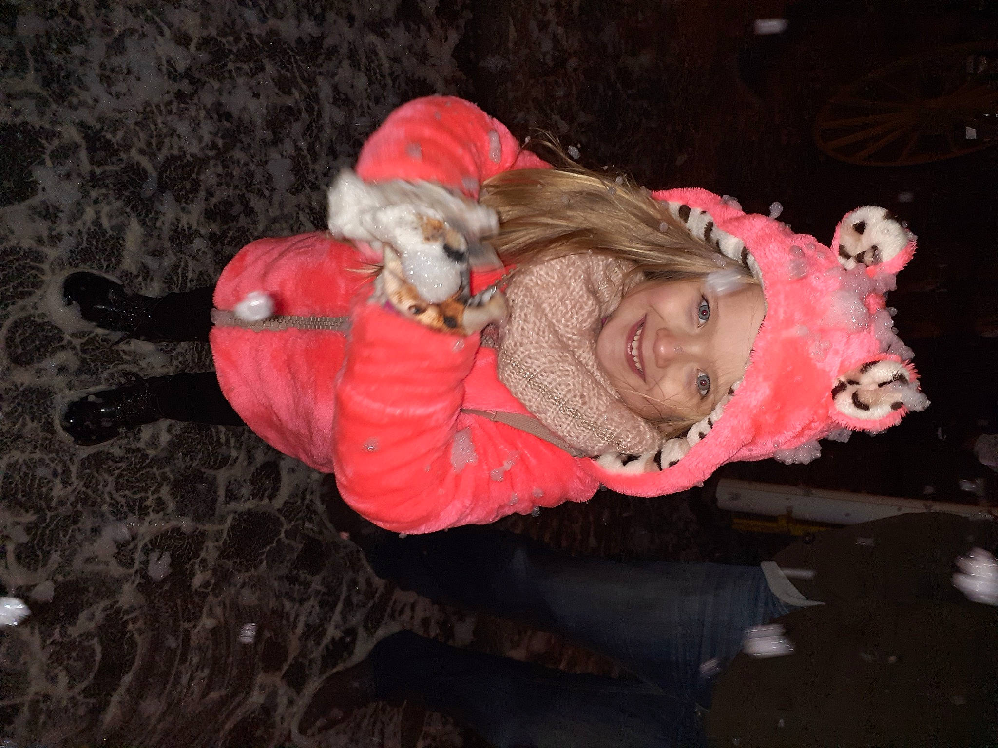 Fleuryne participe au concours pour gagner de l'argent avec cette photo : baby, carmine, child, costume, event, fun, fur, glove, hat, headwear, joy, person, personal_protective_equipment, pink, smile, sporting_group, toddler, tree