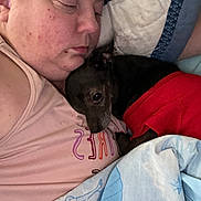 Sweety is registered to the contest to win money with this photo: animal, bed, blanket, closeup, comfort, cuddling, cute, dog, face, head, indoor, person, pet, pillow, pink_shirt, red_clothing, relaxation, rest, sleeping, snuggling