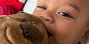 Dennis joined the competition — help win amazing prizes! baby, child, plush_toy, stuffed_animal, smiling, face, indoor, bed, cuddling, toy, red, brown, head, closeup, happy, person, soft_toy, background, infant, cute