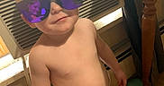Atreus joined the competition — help win amazing prizes! toddler, child, diaper, sunglasses, indoor, air_conditioner, reflection, wooden_table, floor_tiles, bare_chest, person, baby, cute, smiling, standing, home, furniture, lighting, portrait, casual
