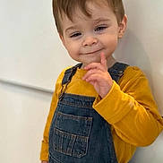 Eyden participe au concours pour gagner de l'argent avec cette photo : toddler, child, smile, denim_overalls, yellow_shirt, standing, indoor, light_brown_hair, cute, playful, portrait, person, young_child, casual_clothing, wall, expression, gesture, face, happy, one_person