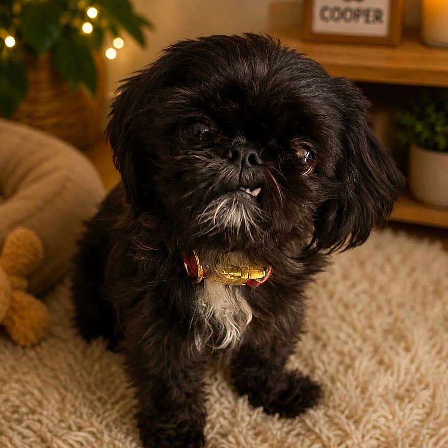 Cooper joined the competition — help win amazing prizes! dog, black_dog, small_dog, pet, fur, collar, indoor, carpet, cozy, cute, animal, portrait, fluffy, home_decor, plant, wooden_shelf, lights, adorable, furry, companion