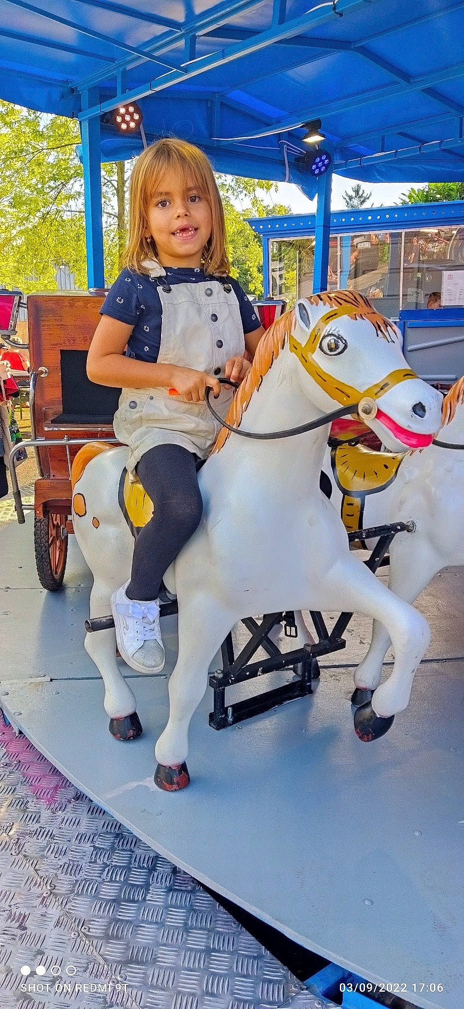 Éliana participe au concours pour gagner de l'argent avec cette photo : bridle, carousel, chair, event, fun, happy, head, horse, horse_supplies, horse_tack, joy, leisure, mane, nonbuilding_structure, person, playground, recreation, saddle, smile, snapshot