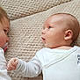 Emiliano participe au concours pour gagner de l'argent avec cette photo : child, baby, toddler, sibling, pacifier, onesie, blanket, face, ear, hand, lying_down, looking_at_each_other, gaze, newborn, soft_texture, cozy, white_clothing, portrait, indoor, peace_text