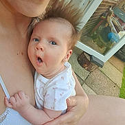 Ava joined the competition — help win amazing prizes! baby, child, adult, woman, hair, surprised, expression, holding, onesie, outdoor, garden, door, glass, hand, skin, person, face, mouth, blue_eyes, clothing