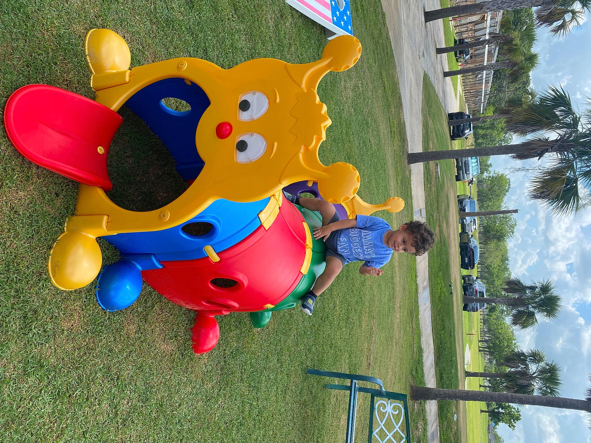 Ayden is registered to the contest to win money with this photo: art, balloon, blue, cloud, electric_blue, fun, grass, inflatable, leisure, organism, outdoor_play_equipment, party_supply, person, play, pole, recreation, sky, toddler, toy, tree