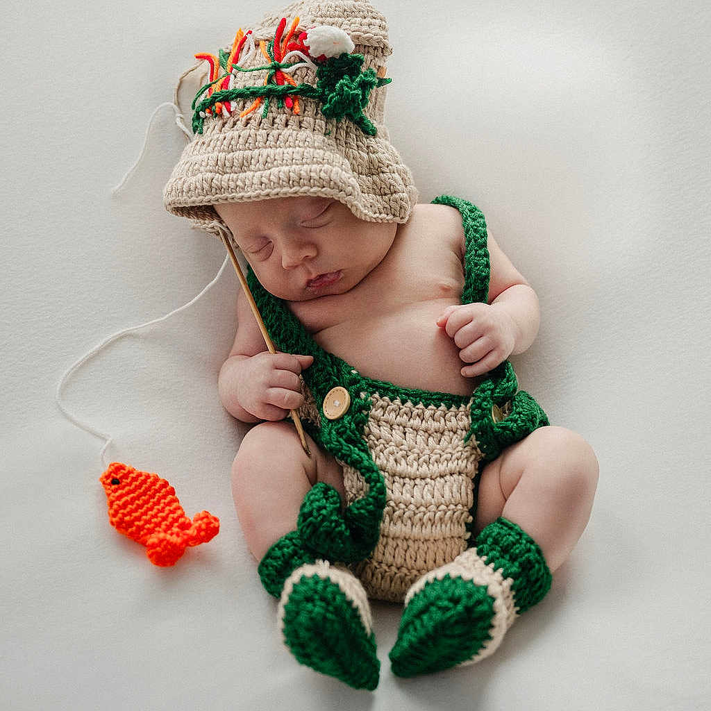 Kash is registered to the contest to win money with this photo: baby, newborn, sleeping, crochet, hat, fishing, toy, orange, green, beige, cute, infant, knitted, clothing, handmade, peaceful, portrait, child, small, soft