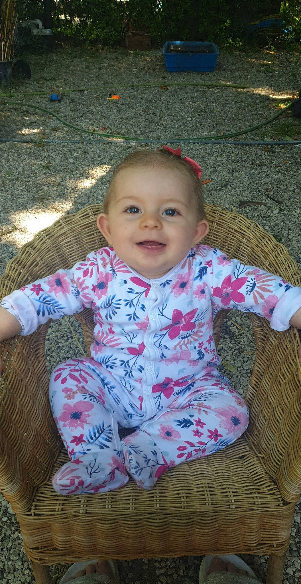 Maddy participe au concours pour gagner de l'argent avec cette photo : baby, baby_toddler_clothing, cheek, child, flooring, fun, grass, happy, iris, joy, lip, magenta, pattern, person, pink, sitting, skin, sleeve, smile, toddler