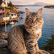 Jasper joined the competition — help win amazing prizes! cat, tabby_cat, pet, animal, fur, whiskers, portrait, rocks, coastline, lighthouse, harbor, boat, dock, water, ocean, flag, sunset, golden_hour, scenic, outdoor