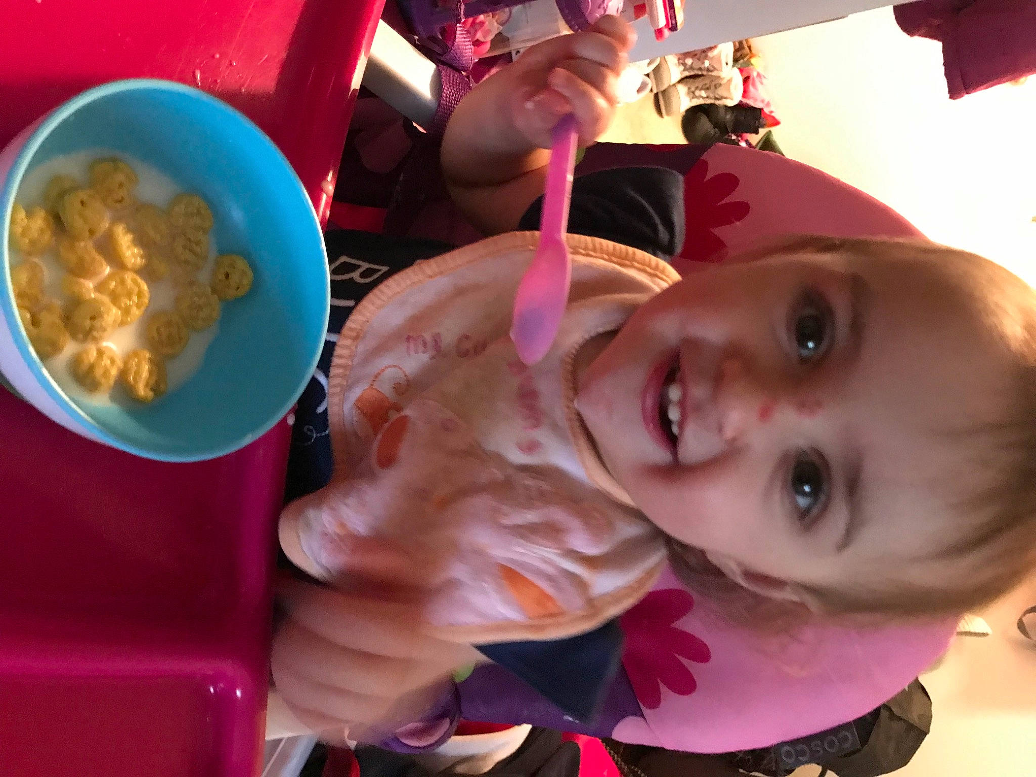 Isabella is registered to the contest to win money with this photo: baby, cheek, child, comfort_food, cuisine, dish, food, fun, happy, ingredient, joy, leisure, mouth, nose, person, pink, play, recipe, smile, spoon