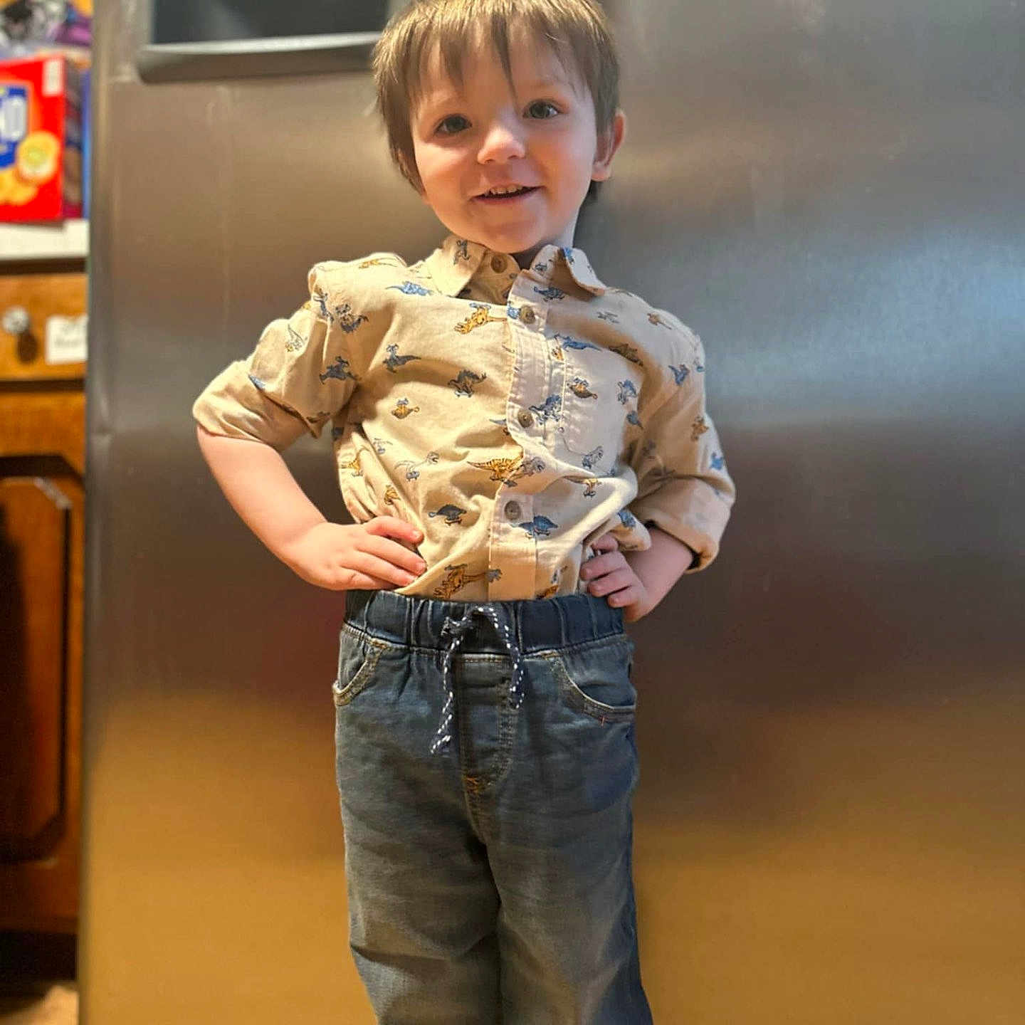 Colson is registered to the contest to win money with this photo: appliance, boy, casual_clothing, child, cute, dinosaurs, hands_on_hips, happy, home, indoor, jeans, kitchen, person, portrait, refrigerator, shirt, smiling, standing, wooden_floor, young