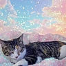 cat, tabby_cat, sleeping, fluffy, cloud, sparkles, stars, pastel_colors, dreamy, fantasy, sky, relaxing, animal, pet, whiskers, feline, soft, cute, resting, peaceful