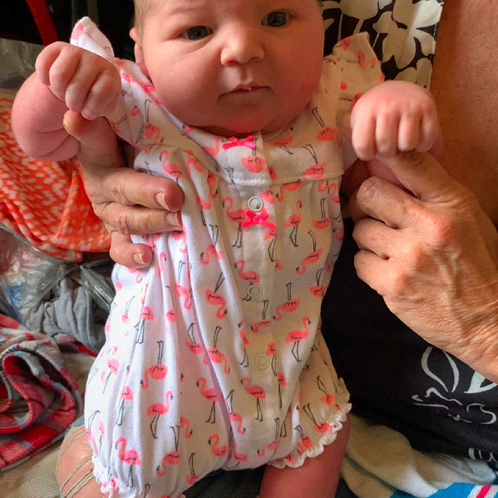Baisley joined the competition — help win amazing prizes! adult_hands, baby, blanket, clothing, curious, cute, flamingo_pattern, furniture, hands, indoor, infant, newborn, person, pink, romper, seated, skin, socks, soft, white