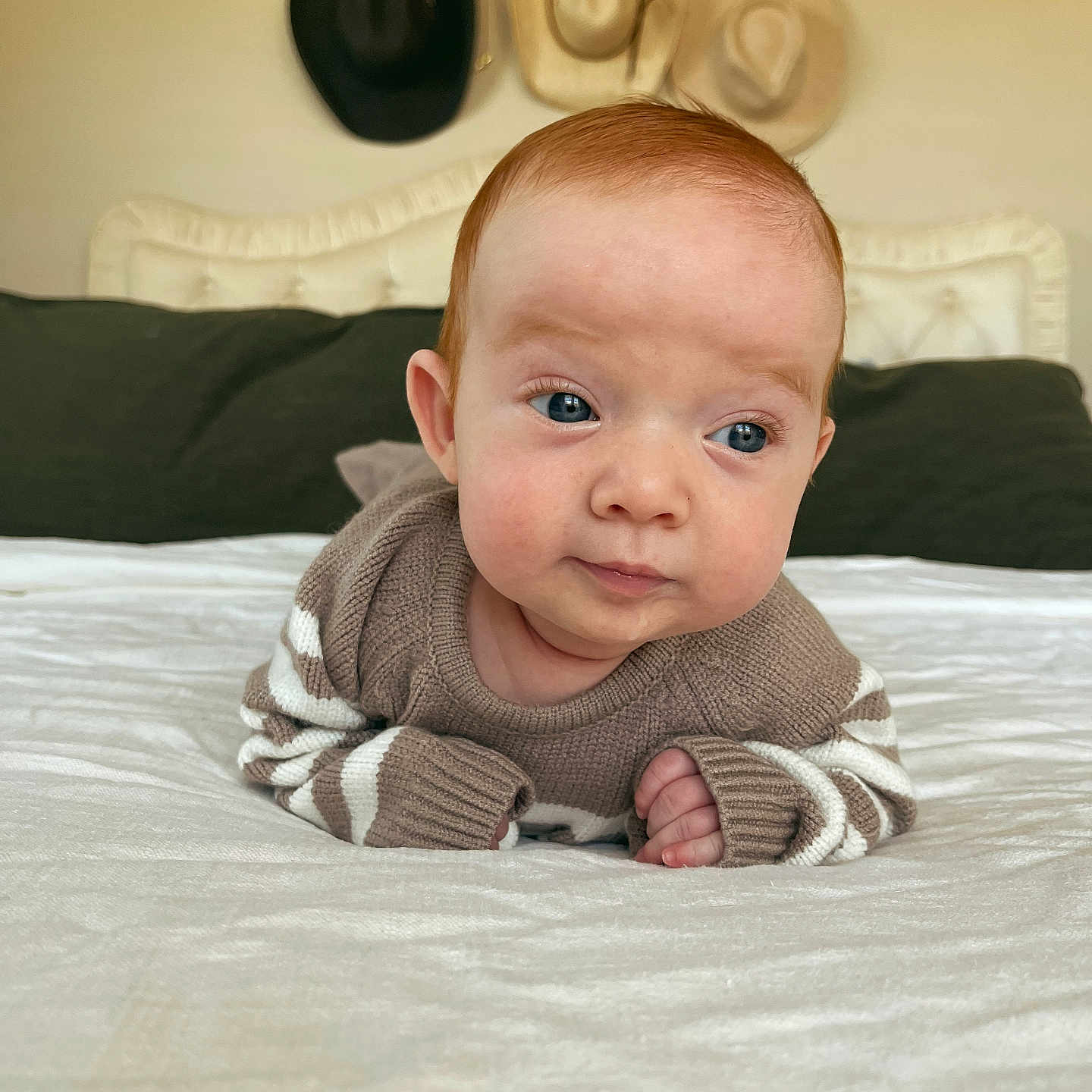 Jett is registered to the contest to win money with this photo: baby, bodypart, clothing, crawling, cushion, face, finger, hand, happy, head, homedecor, indoors, knitwear, newborn, person, photography, portrait, sitting, smile, sweater