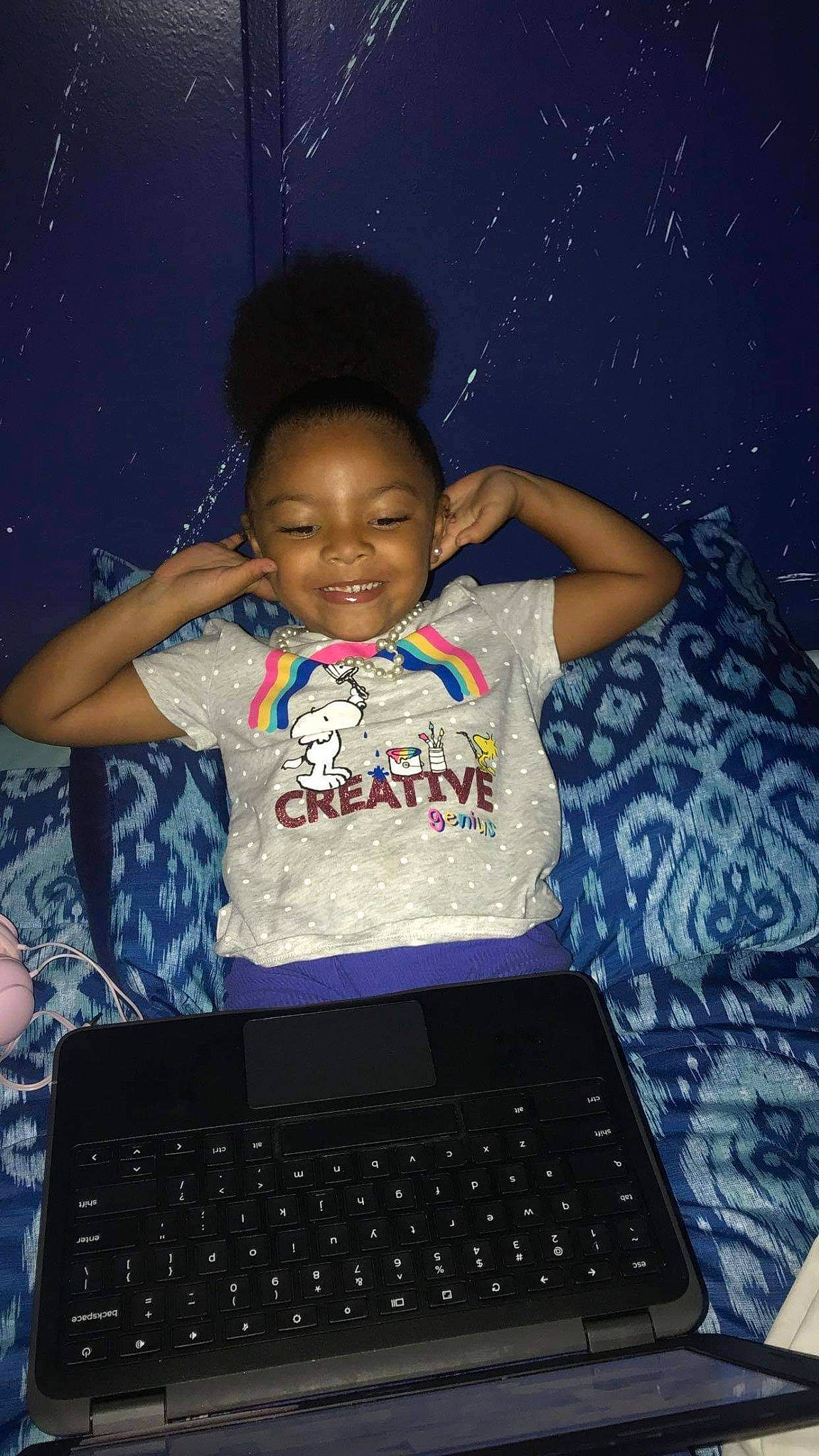 Ma'Laija joined the competition — help win amazing prizes! adaptation, child, computer, electronic_device, fun, joy, laptop, person, smile, t_shirt, technology, toddler, world