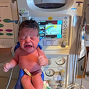 Veda is registered to the contest to win money with this photo: newborn, baby, crying, medical_equipment, hospital, panda_warmer, gloved_hands, infant, person, monitor, temperature_display, umbilical_cord, medical_tubes, healthcare, clinic, fresh_born, patient, neonatal_care, human, birth