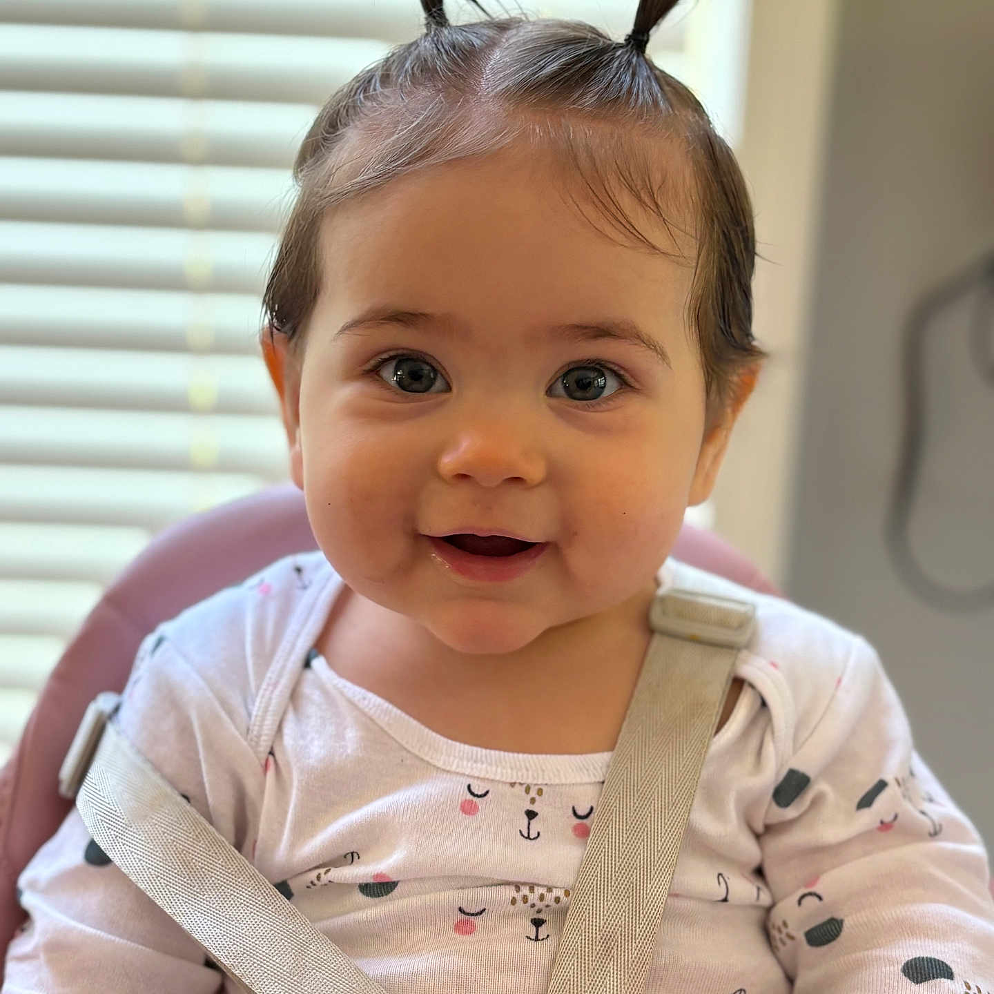 Ali is registered to the contest to win money with this photo: baby, child, smiling, high_chair, hair_ties, indoors, face, cute, happy, clothing, onesie, straps, seat, person, portrait, infant, blinds, window, expression, skin