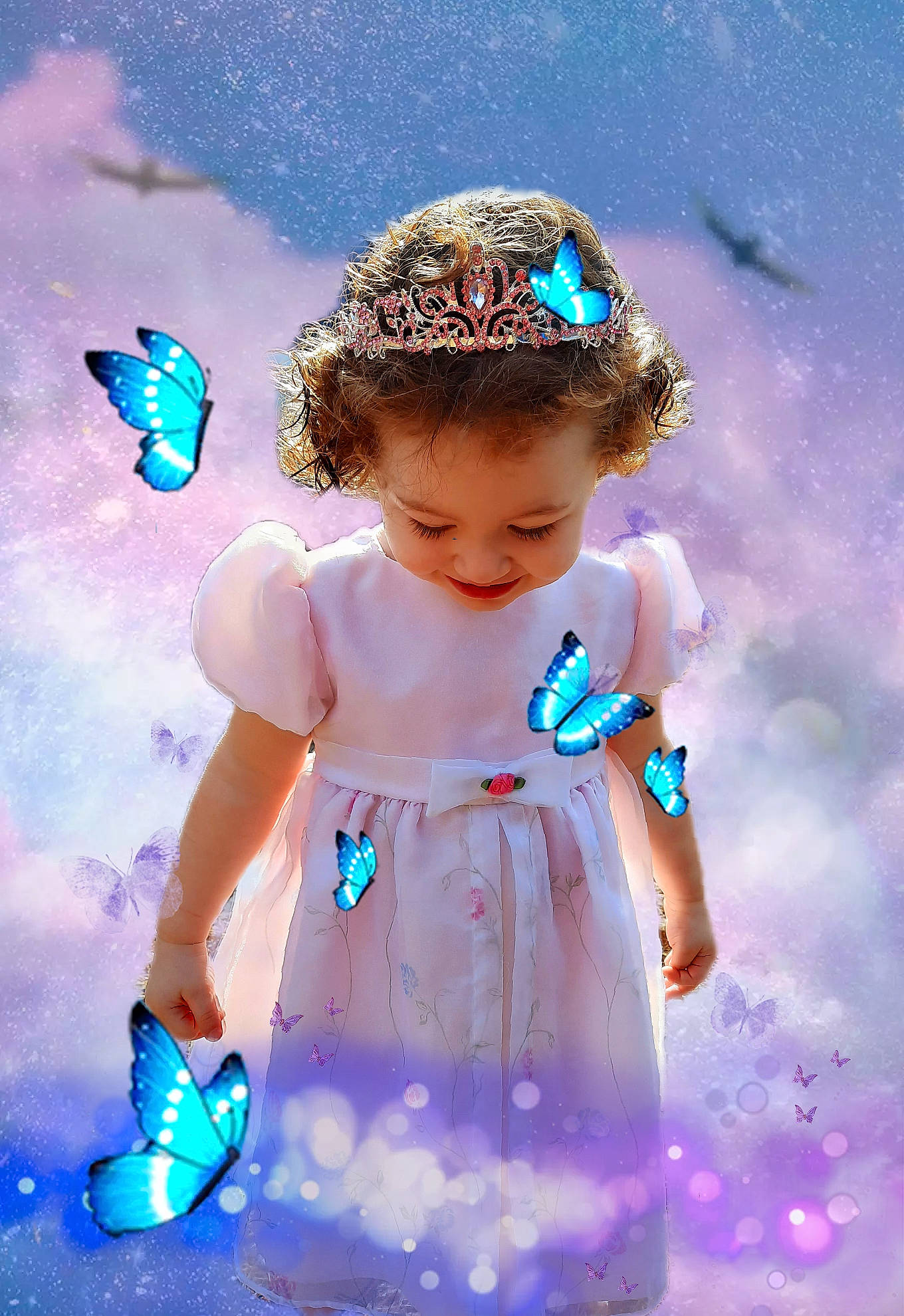 Alana is registered to the contest to win money with this photo: aqua, arthropod, azure, butterfly, child, electric_blue, flash_photography, fun, happy, light, magenta, people_in_nature, person, petal, photograph, pink, pollinator, purple, sky, toddler
