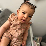 Chiara a rejoint le concours — aidez-le/la à gagner de superbes lots ! baby, baby_essentials, blurred_background, child, clothing, curious, cute, expression, face, hair, indoor, infant, pigtails, portrait, romper, seated, skin, small_child, soft_lighting, toddler