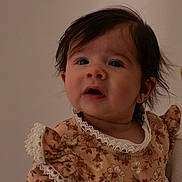 Zofia Rose is registered to the contest to win money with this photo: baby, infant, child, portrait, floral_dress, lace, face, eyes, dark_hair, hand, sleeve, cute, indoors, soft_lighting, neutral_background, close_up, skin, expression, person, clothing