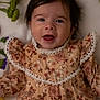 Zofia Rose joined the competition — help win amazing prizes! baby, infant, smile, portrait, close_up, floral_dress, lace_trim, dark_hair, happy, lying_down, cute, soft_lighting, flowers, blanket, indoors, eyes, open_mouth, skin, child, adorable