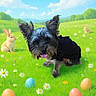 dog, small_dog, black_dog, grass, meadow, flowers, daisies, easter_eggs, colorful_eggs, rabbits, bunny, blue_sky, clouds, outdoor, spring, nature, animal, playful, greenery, field