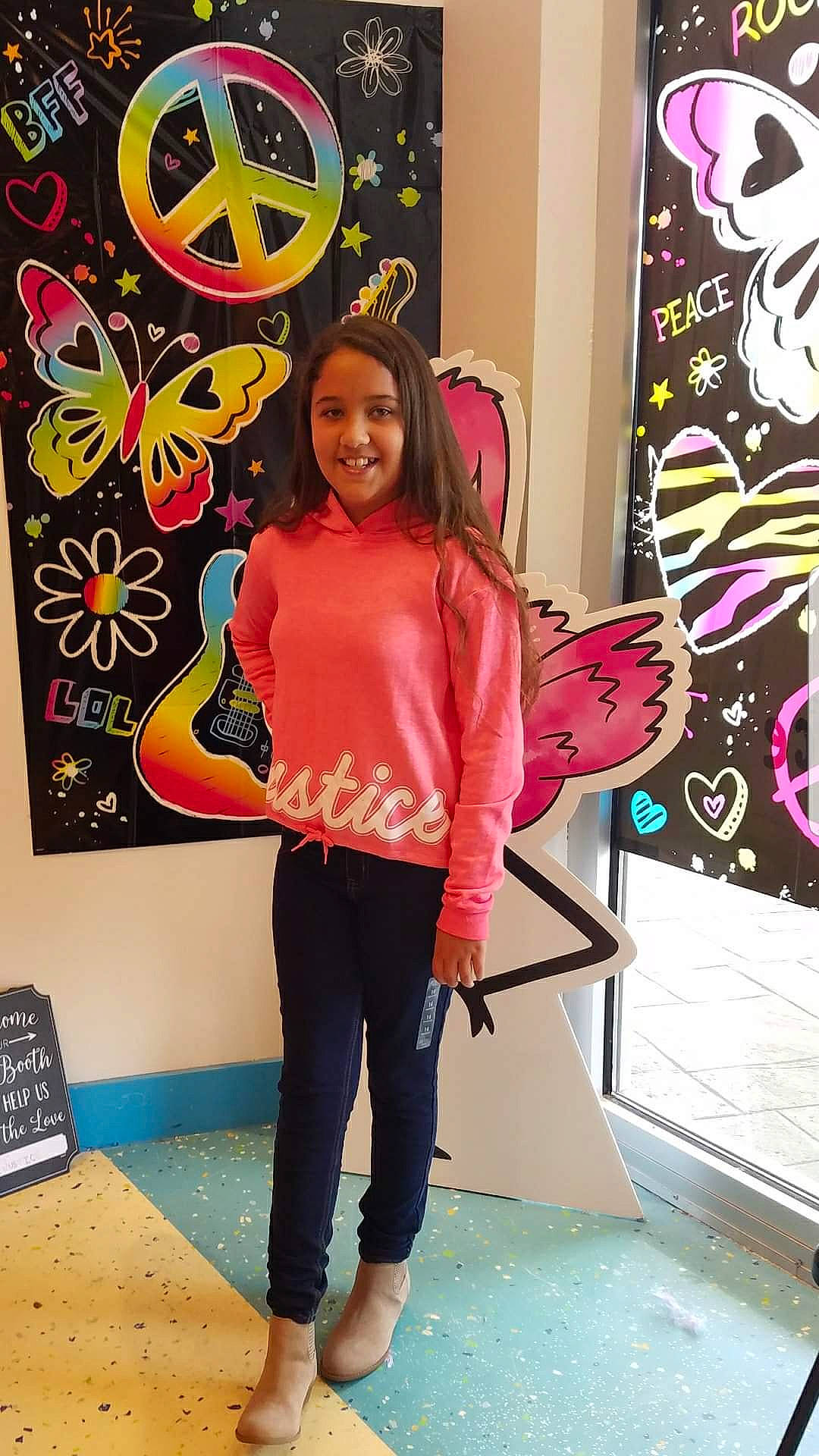 Brianna is registered to the contest to win money with this photo: art, clothing, denim, footwear, jeans, joy, leggings, magenta, pattern, person, pink, shoe, sleeve, style, t_shirt, textile, tights, top, trousers, visual_arts