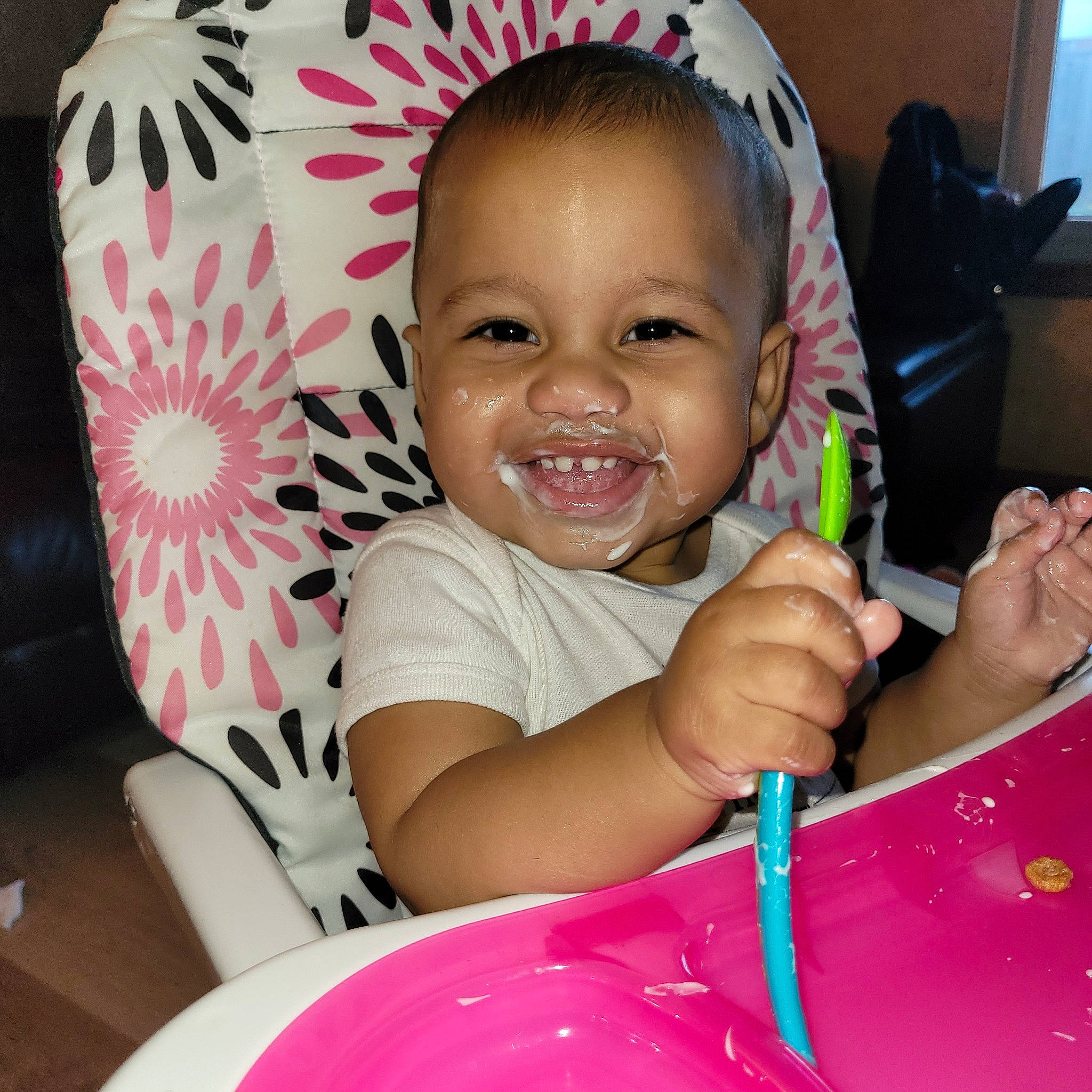 Rori joined the competition — help win amazing prizes! baby_toddler_clothing, chair, cheek, child, comfort, eye, face, finger, fun, gesture, hairstyle, happy, head, iris, joy, lip, mouth, person, pink, skin