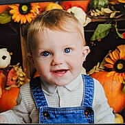 Dennis is registered to the contest to win money with this photo: baby, child, toddler, portrait, smile, blue_eyes, denim_overalls, white_shirt, pumpkins, sunflowers, autumn, fall, happy, cute, face, person, indoor, seasonal, background, cheerful