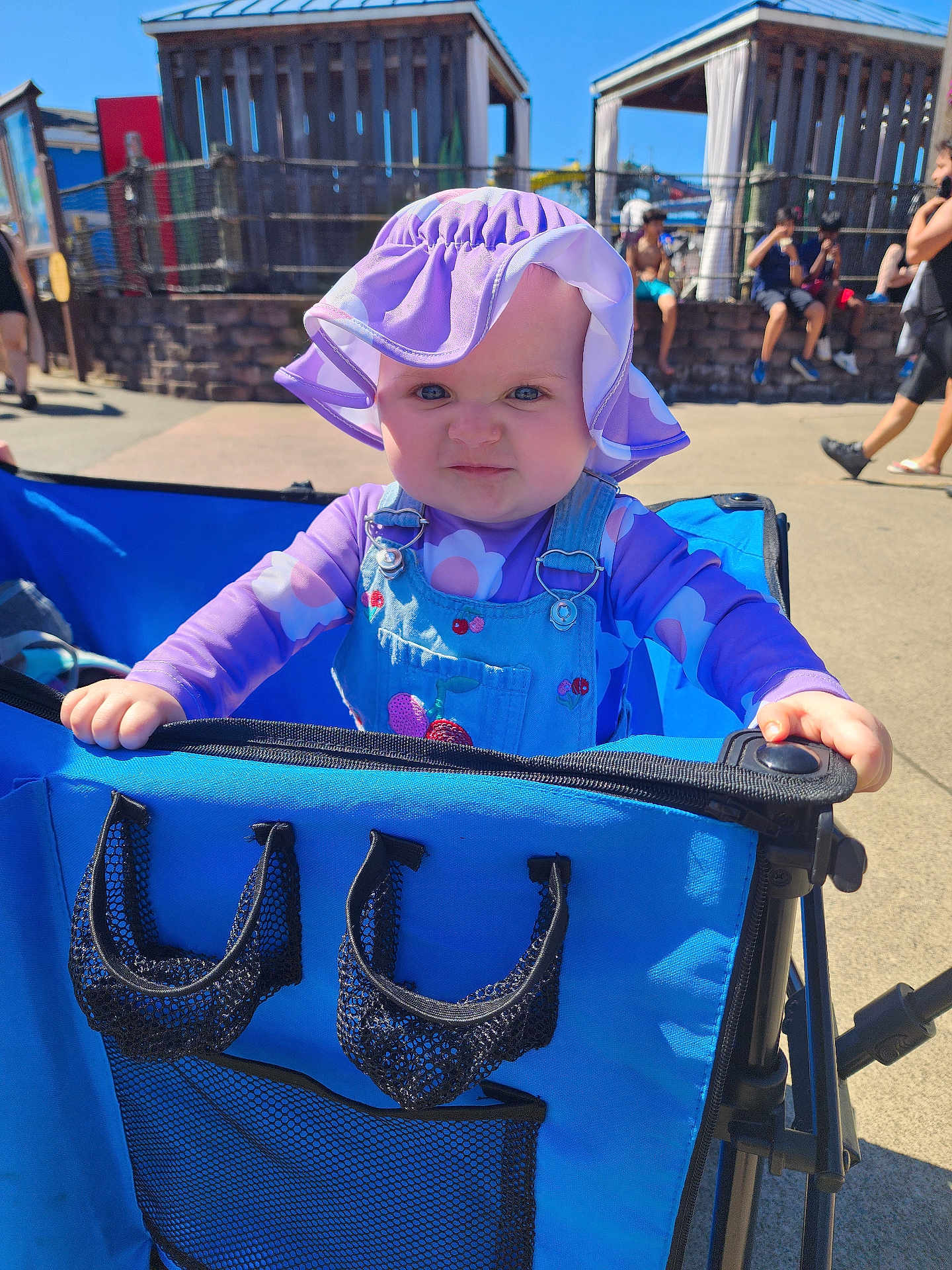 Calliope is registered to the contest to win money with this photo: baby, child, purple_hat, blue_stroller, outdoor, sunny, people, concrete, fence, casual_clothing, daylight, hat, person, purple_shirt, denim_overalls, expression, grip, summer, background, recreation_area