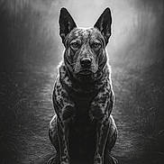 Valerian participe au concours pour gagner de l'argent avec cette photo : dog, animal, portrait, black_and_white, sitting, path, fog, intense_gaze, ears_up, outdoor, mystical, quiet, calm, serious, nature, wildlife, spot_pattern, canine, monochrome, focused