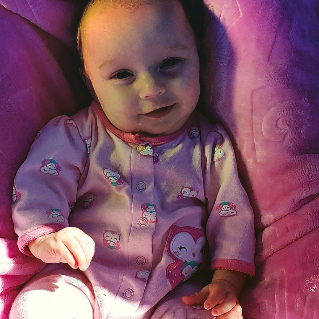 Mattie joined the competition — help win amazing prizes! baby, cheek, child, eye, face, happy, head, lip, nose, person, pink, purple, skin, smile, toddler