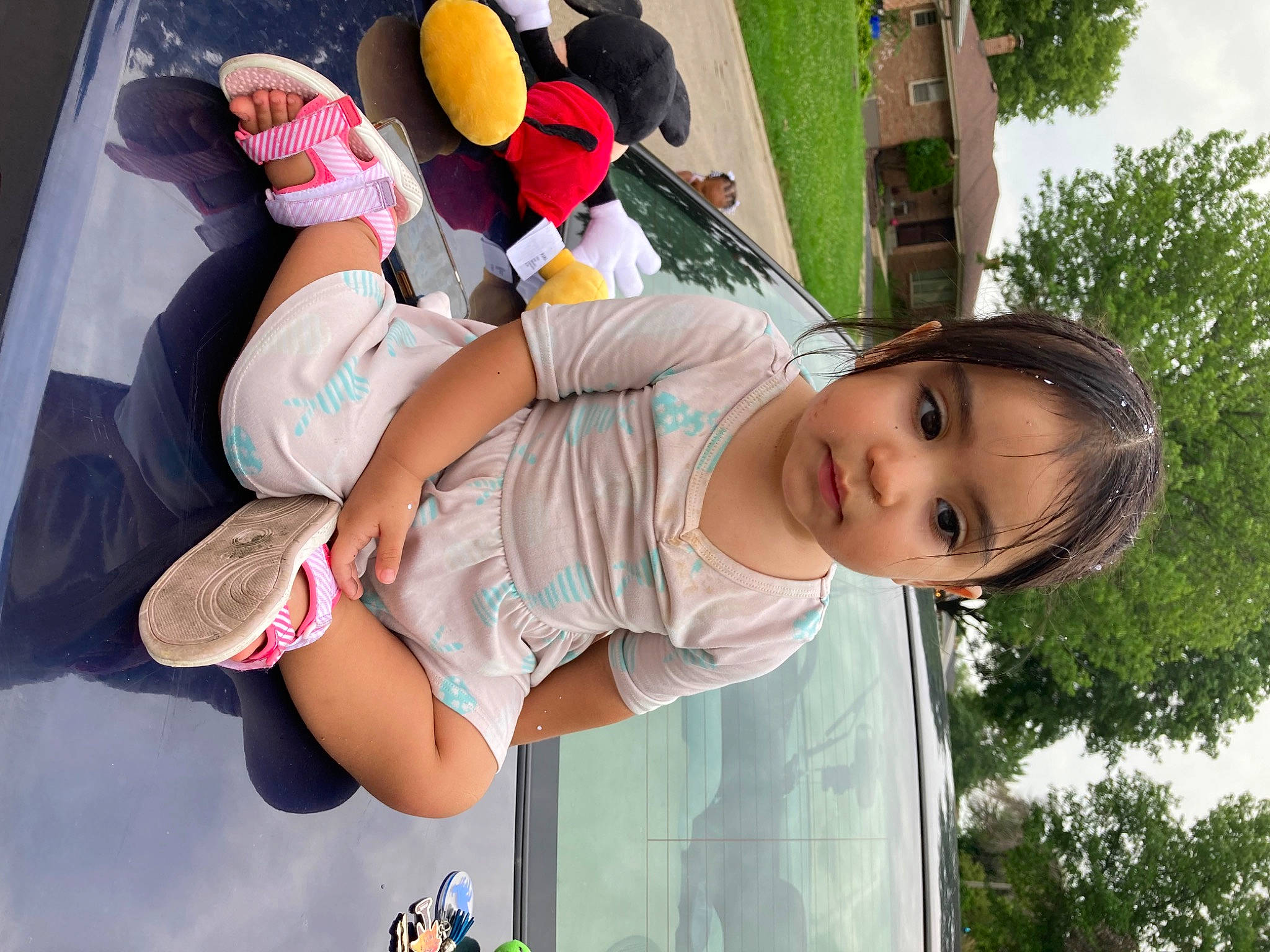 Luna joined the competition — help win amazing prizes! abdomen, child, facial_expression, foot, fun, grass, happy, hat, human_leg, leisure, person, pink, recreation, sandal, shorts, skin, sun_hat, thigh, toddler, tree